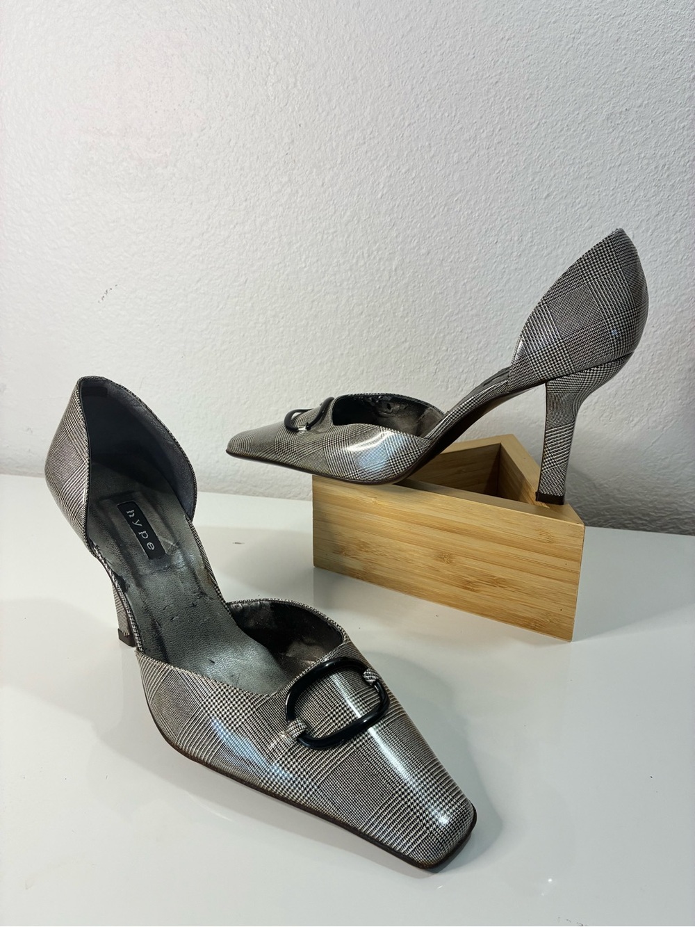 Hype 10 Women's Patent Leather D'Orsay Square Toe Slip-On Plaid Heels BLK & WH